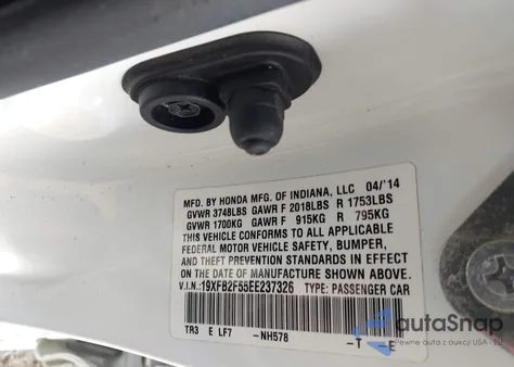 2014 Honda Civic Lx z USA, uszkodzony, nr VIN 19XFB2F55EE237326